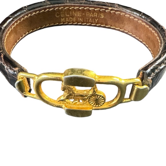 Celine Horse Carriage Leather Wrap Bracelet Bangle brown with Gold Tone Vintage - Picture 4 of 5